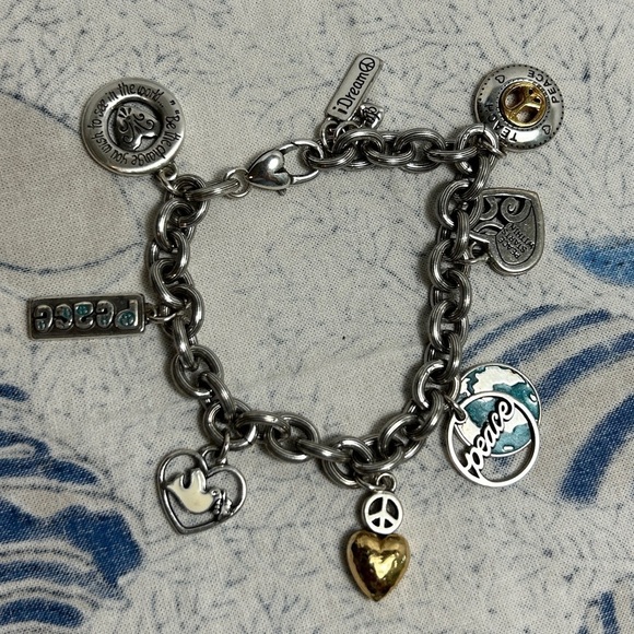 Brighton World Peace Charm Bracelet Retired Silver Plated Chunky Oval Link Chain - Picture 6 of 12